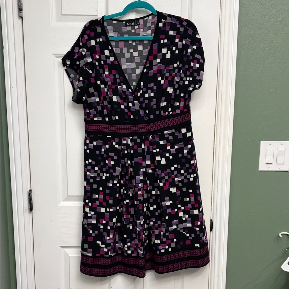 Apt. 9 Black Geometric Wrap Midi Dress with Pink & Gray Squares